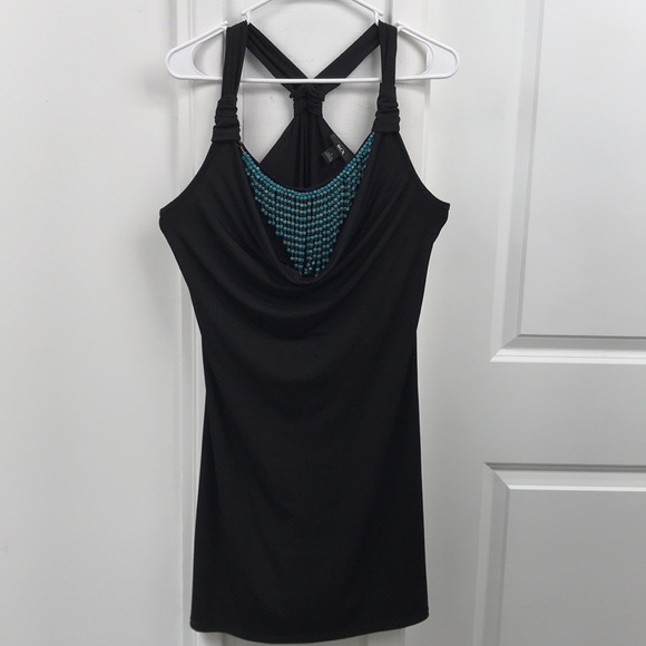 Black Mini Dress w/ Draped Neck & Beaded Accents - Picture 2 of 8